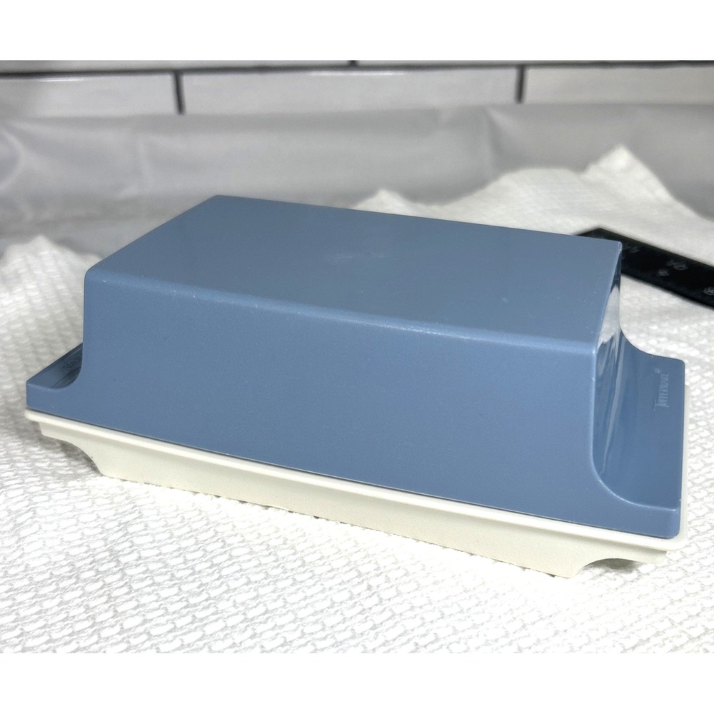 Vintage Tupperware 1512-2 Butter Dish Covered Container Blue & White Made in USA